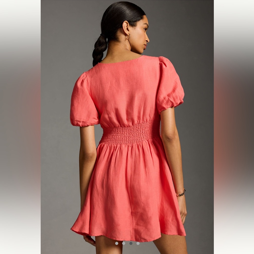 Anthropologie Katerina Button Front Puff Sleeve Mini Dress Coral Size M NWT - Picture 3 of 12